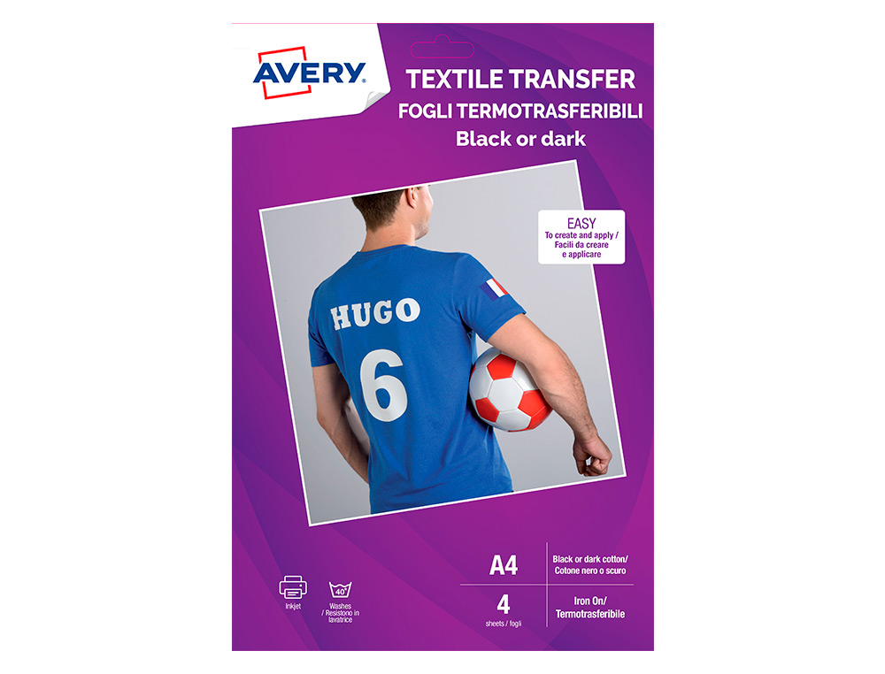 PAPEL TRANSFER AVERY ALGODON OSCUROS INK-JET DIN A4 PACK DE 4 HOJA