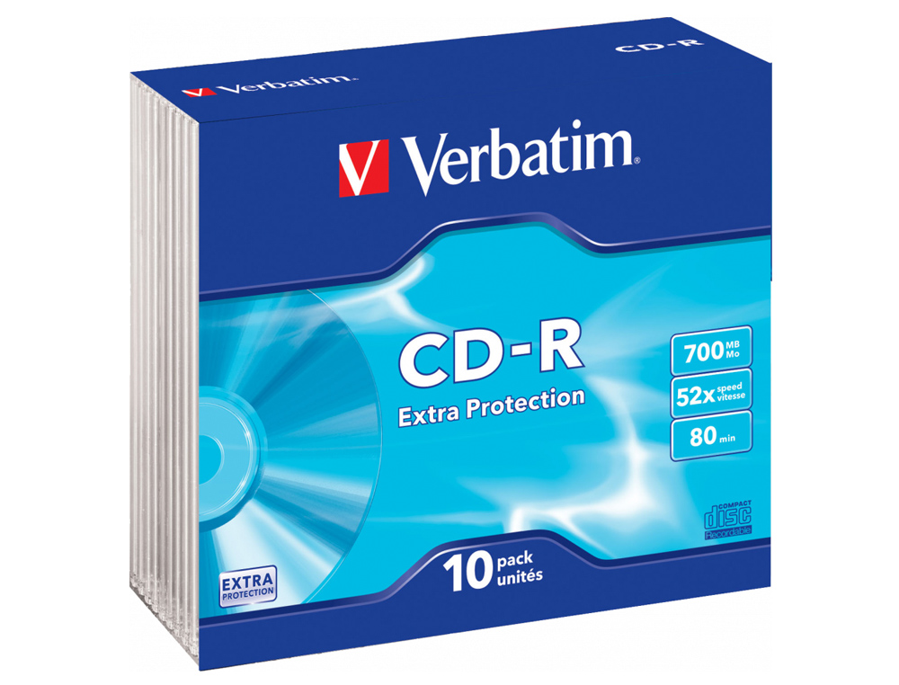 CD-ROM VERBATIM EXTRA PROTECCION CAPACIDAD 700MB VELOCIDAD 52X 80 MIN PACK DE 10 UNIDADES CAJA SLIM