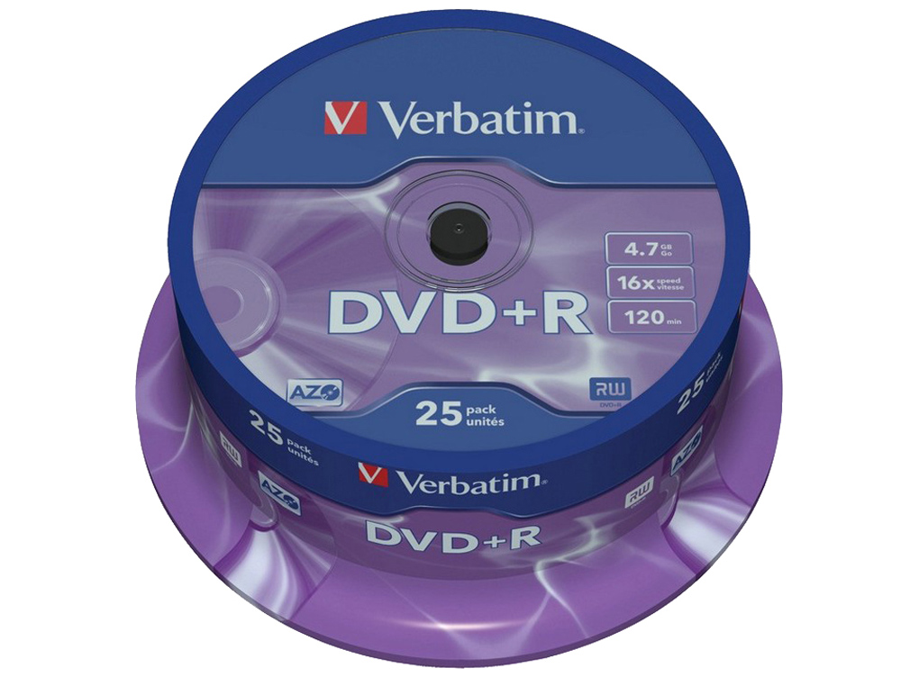 DVD+R VERBATIM CAPACIDAD 4.7GB VELOCIDAD 16X 120 MIN TARRINA DE 25 UNIDADES