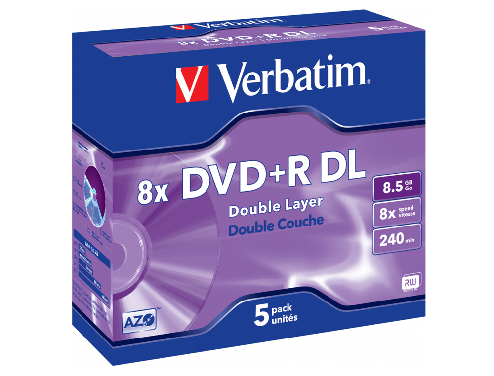 DVD+R VERBATIM DOBLE CAPA CAPACIDAD 8.5GB VELOCIDAD 8X 240 MIN PACK DE 5 UNIDADES