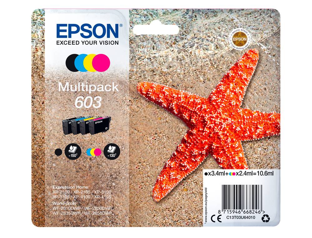 INK-JET EPSON 603 XP-2100 / 2105 / 3100 / 4100 / WF-2810 / 2830 / 2835 / 2850 MULTIPACK 4 COLORES NEGRO