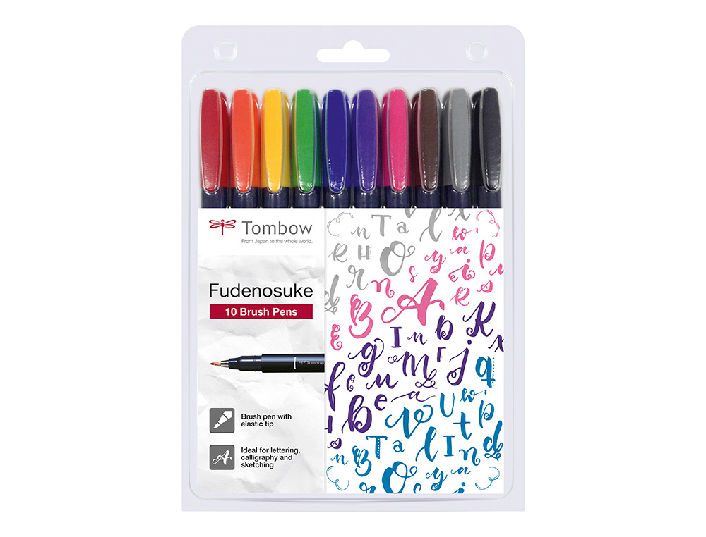 ROTULADOR TOMBOW FUDENOSUKE TINTA BASE DE AGUA PUNTA PINCEL DURA ESTUCHE DE 10 UNIDADES COLORES SURTIDOS