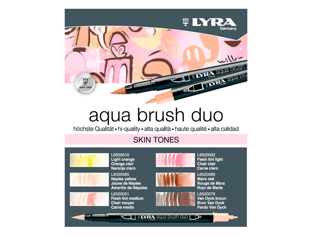 ROTULADOR LYRA AQUA BRUSH ACUARELABLE DOBLE PUNTA Y PINCEL TONOS PIEL BLISTER DE 6 UNIDADES SURTIDAS