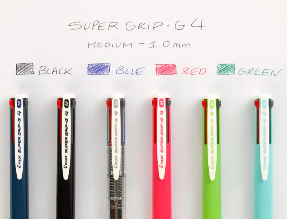 BOLIGRAFO PILOT SUPER GRIP G 4 COLORES RETRACTIL SUJECION DE CAUCHO TINTA BASE DE ACEITE CUERPO TRANSPARENTE