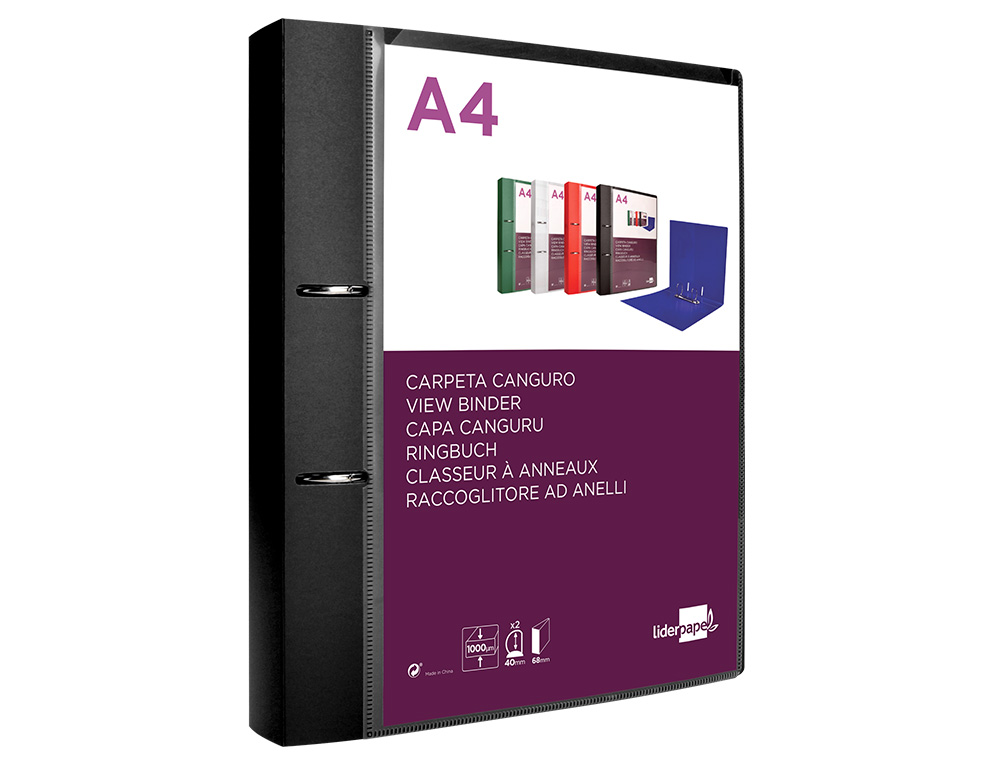 CARPETA LIDERPAPEL CANGURO 2 ANILLAS 40 MM MIXTAS POLIPROPILENO DIN A4 NEGRO OPACO