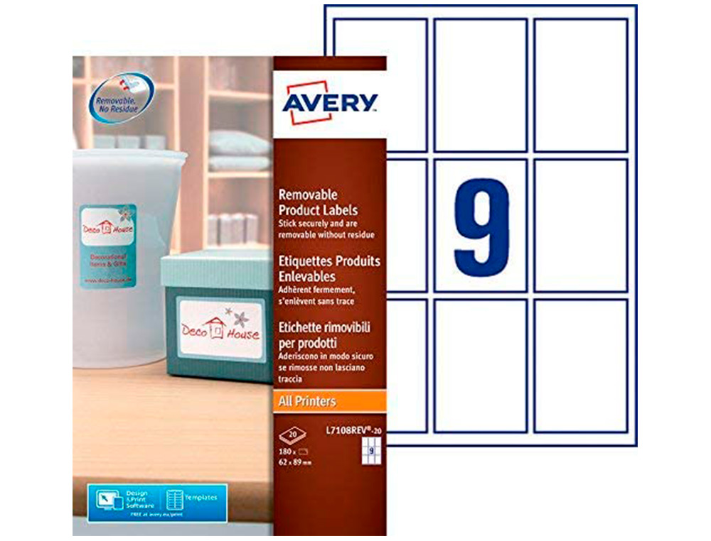 ETIQUETA ADHESIVA AVERY REMOVIBLE PARA IMPRESORA LASER INYECCION TINTA FOTOCOPIADORA BLANCA 62X89 MM