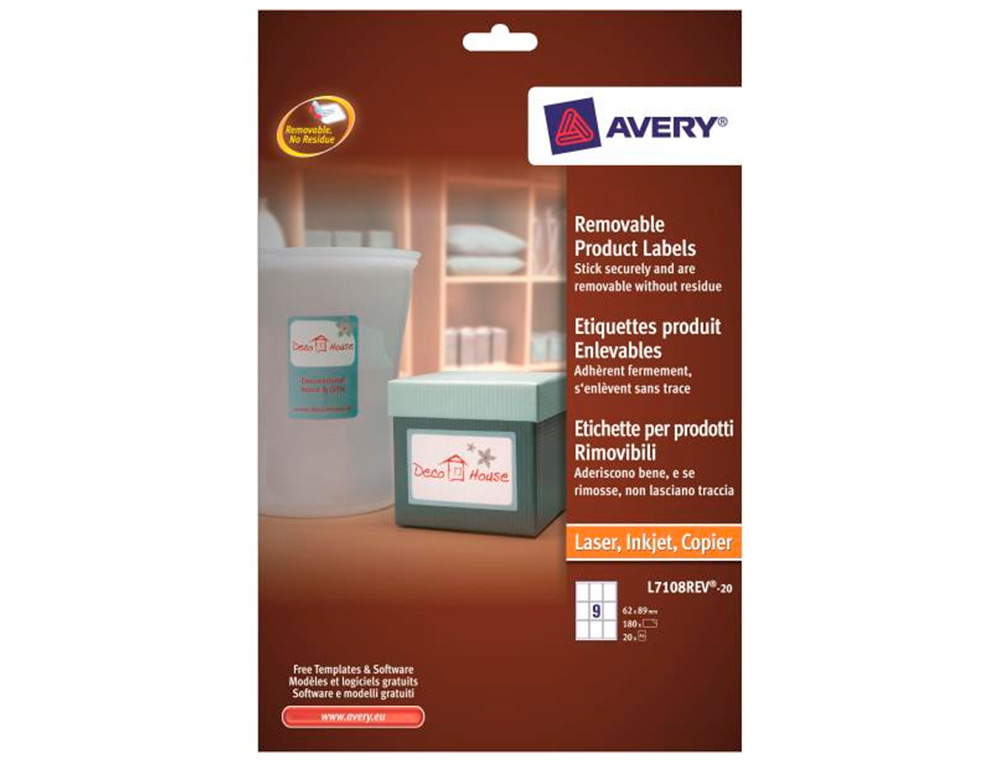 ETIQUETA ADHESIVA AVERY REMOVIBLE PARA IMPRESORA LASER INYECCION TINTA FOTOCOPIADORA BLANCA 62X89 MM