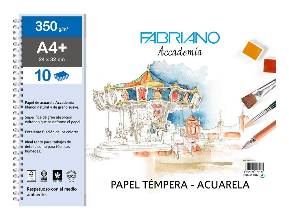 BLOC DIBUJO ACUARELA SADIPAL FABRIANO ESPIRAL DIN A4+ 10 HOJAS 350 G/M2 GRANO SUAVE