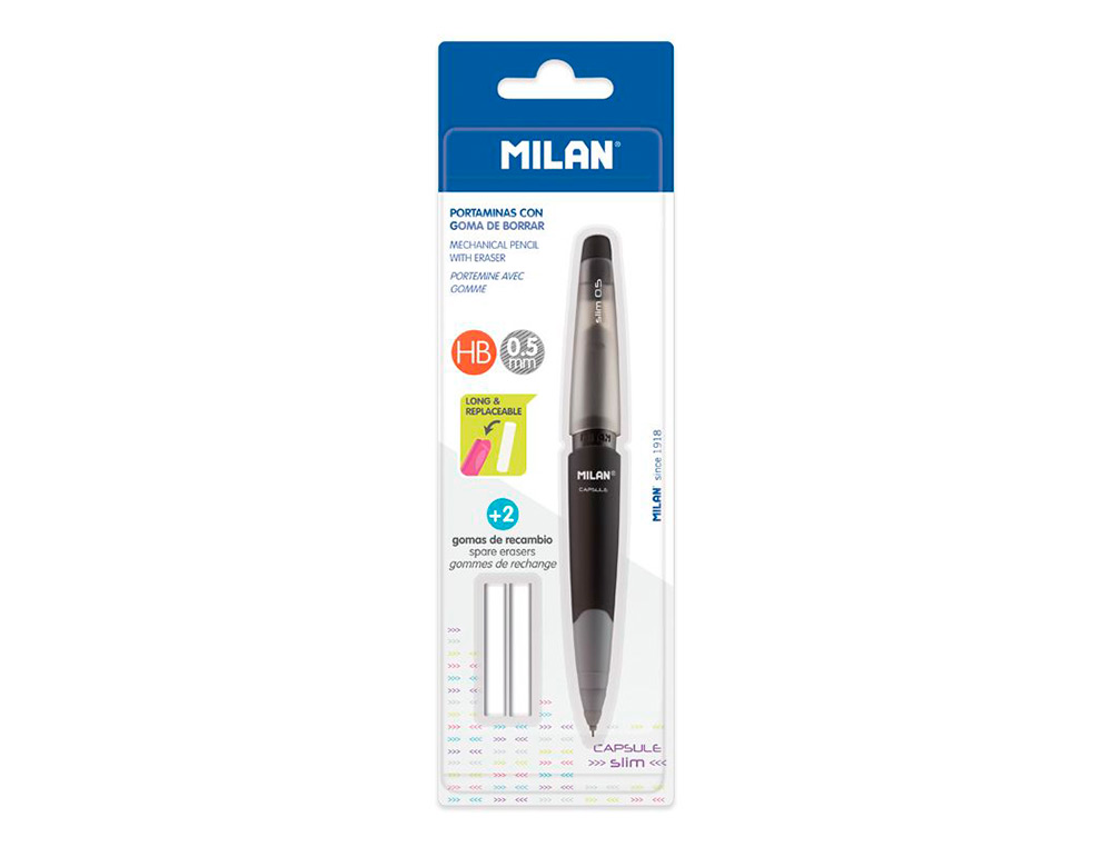 PORTAMINAS MILAN CAPSULE SLIM 0,5 MM + 2 RECAMBIOS DE GOMA EN BLISTER