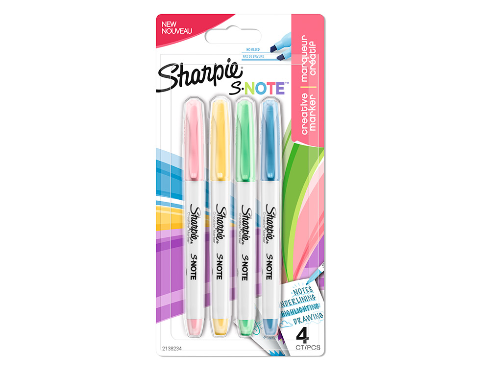 ROTULADOR SHARPIE PERMANENTE S-NOTE PUNTA BISELADA TRAZO 1,2 /3,87 MM BLISTER 4 UNIDADES COLORES SURTIDOS