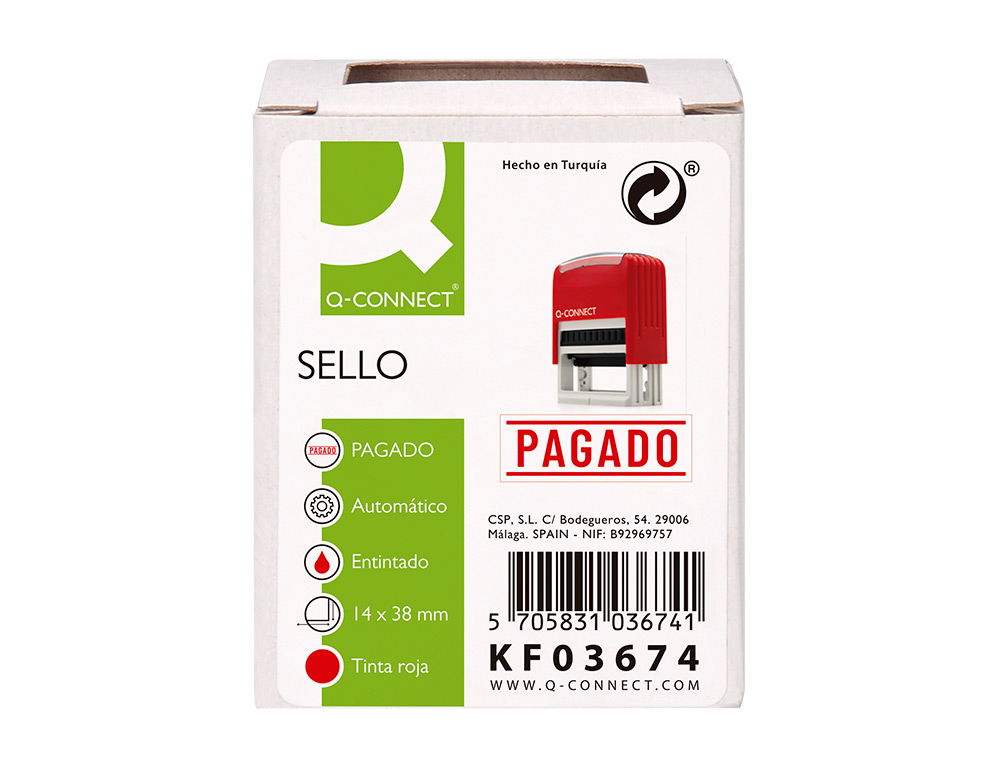 SELLO ENTINTADO AUTOMATICO Q-CONNECT PAGADO ALMOHADILLA 14X38 MM COLOR ROJO