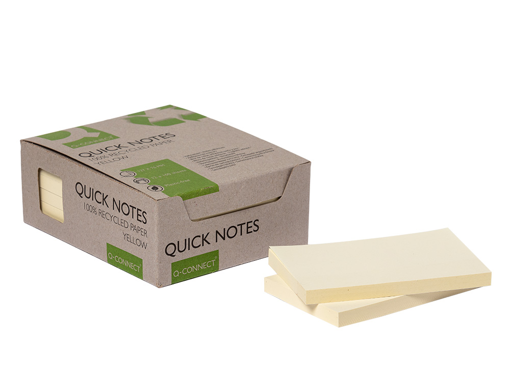 BLOC DE NOTAS ADHESIVAS QUITA Y PON Q-CONNECT 76X127 MM 100% PAPEL RECICLADO AMARILLO EN CAJA DE CARTON