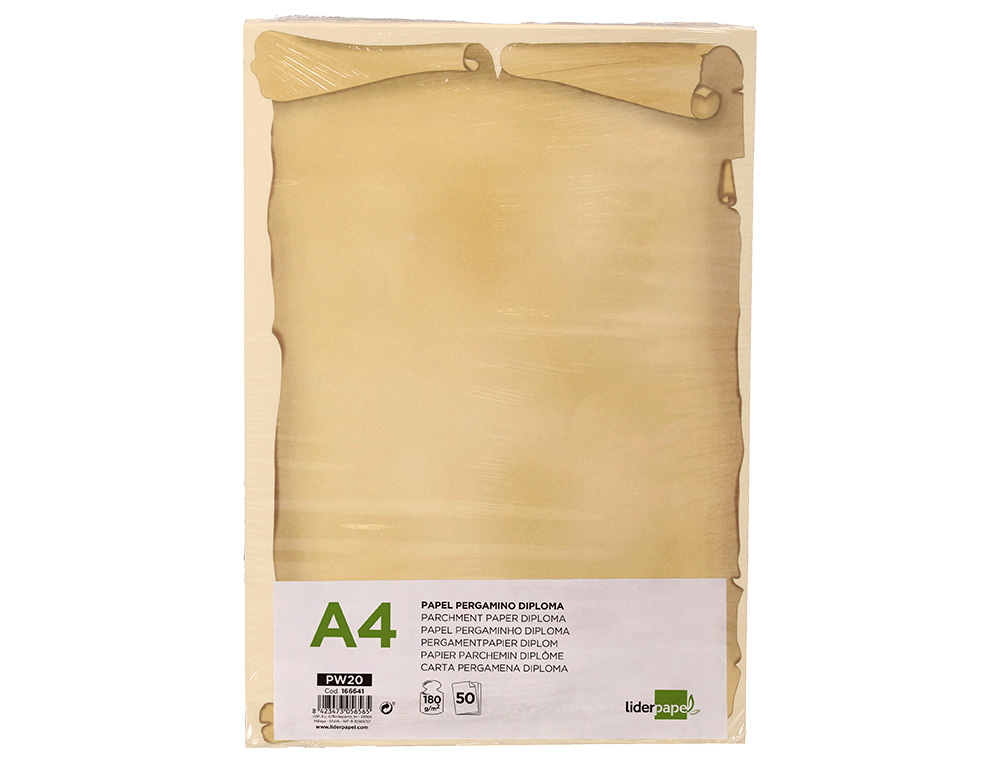 PAPEL PERGAMINO LIDERPAPEL DIN A4 DIPLOMA 180 G/M2 PAQUETE DE 50 HOJAS