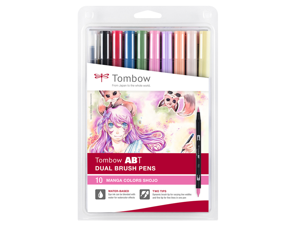 ROTULADOR TOMBOW ABT DUAL BRUSH ACUARELABLE DOBLE PUNTA FINA/PINCEL ESTUCHE DE 10 COLORES MANGA SHOJO