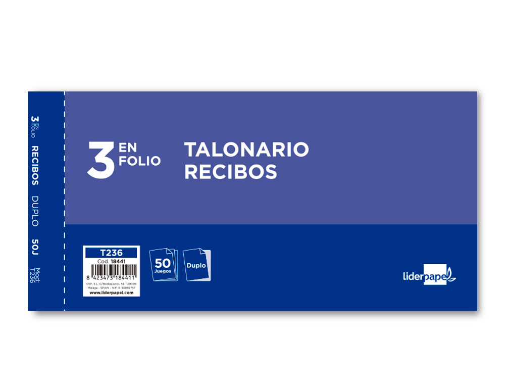 TALONARIO LIDERPAPEL RECIBOS 3/F ORIGINAL Y COPIA T236 SIN MATRIZ