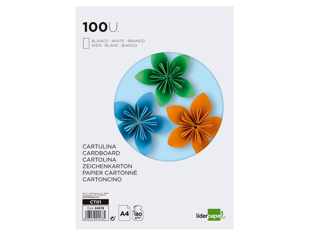 CARTULINA LIDERPAPEL A4 180G/M2 BLANCO PAQUETE DE 100 HOJAS