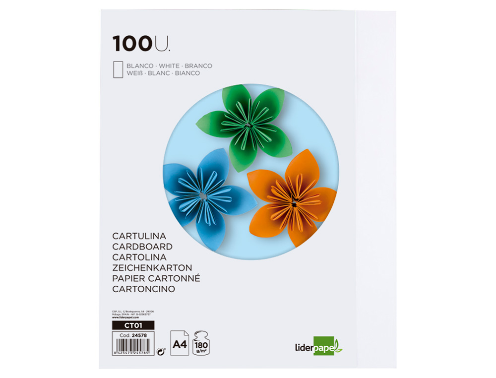 CARTULINA LIDERPAPEL A4 180G/M2 BLANCO PAQUETE DE 100 HOJAS