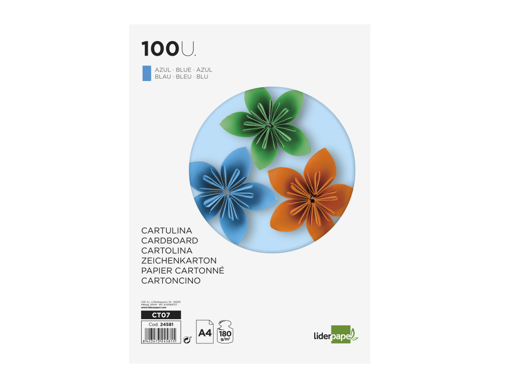 CARTULINA LIDERPAPEL A4 180G/M2 AZUL PAQUETE DE 100 HOJAS