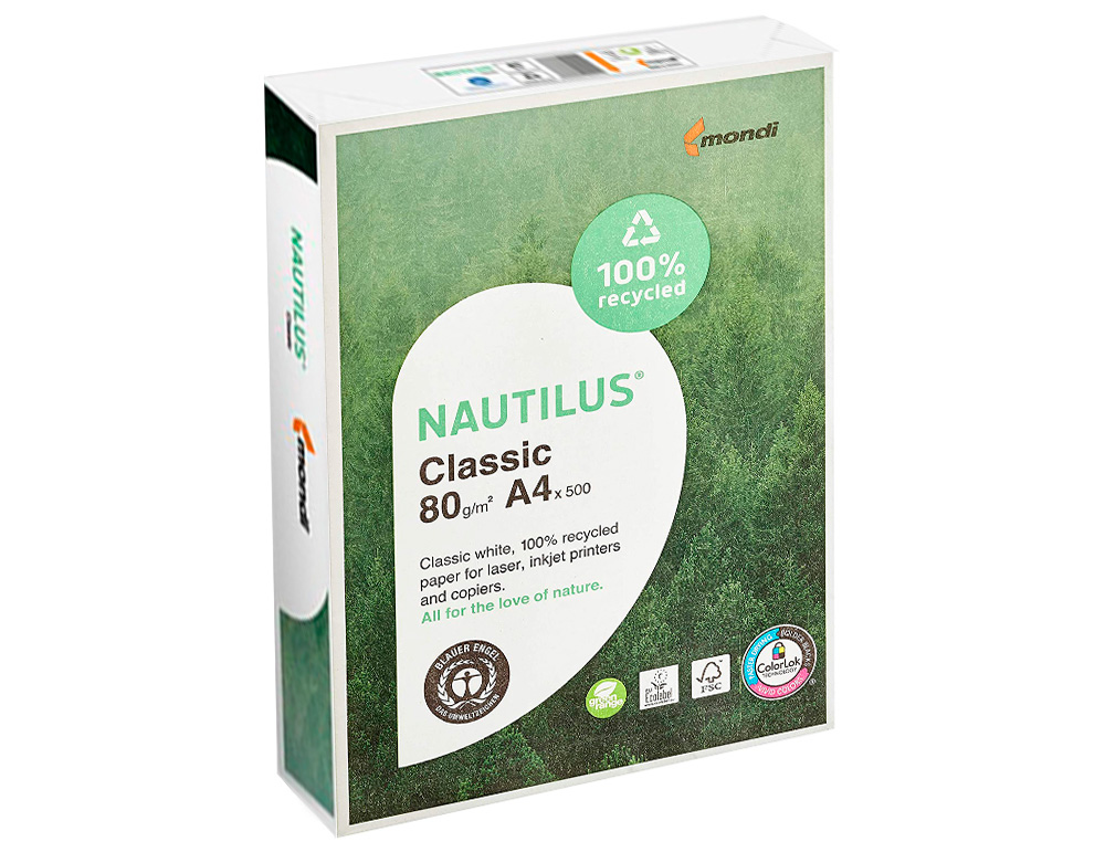 PAPEL FOTOCOPIADORA NAUTILUS DIN A4 80 GRAMOS PAQUETE DE 500 HOJAS 100% RECICLADO