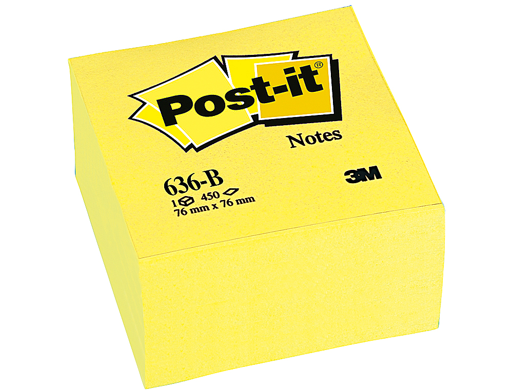 BLOC DE NOTAS ADHESIVAS QUITA Y PON POST-IT 76X76X45 MM CUBO COLOR AMARILLO 450 HOJAS