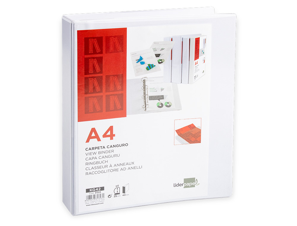 CARPETA CANGURO 4 ANILLAS MIXTAS 25MM LIDERPAPEL A4 PLASTICO BLANCA