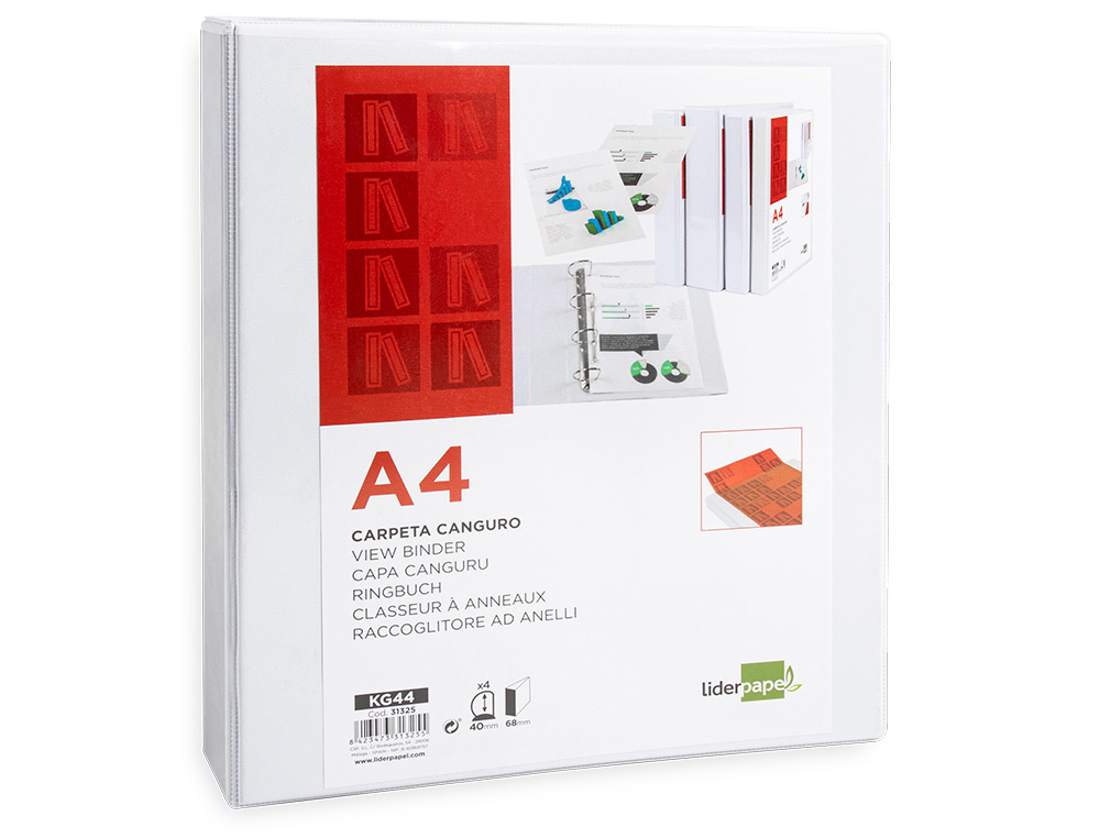 CARPETA CANGURO 4 ANILLAS MIXTAS 40MM LIDERPAPEL A4 PLASTICO BLANCA