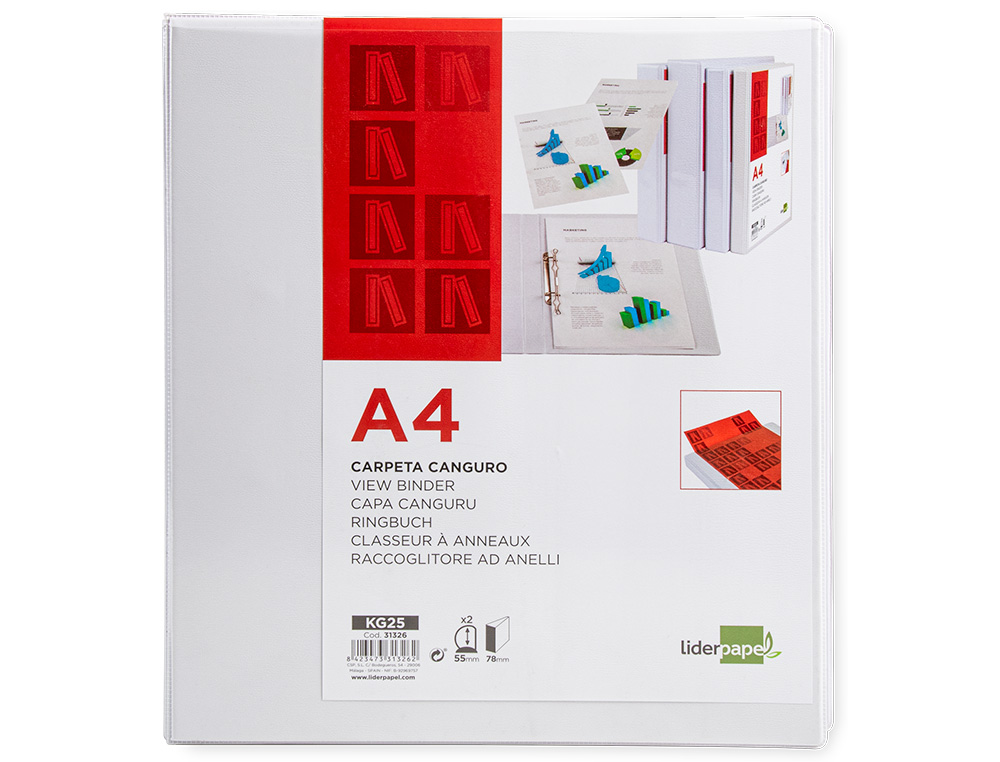 CARPETA CANGURO 2 ANILLAS MIXTAS 55MM LIDERPAPEL A4 PLASTICO BLANCA