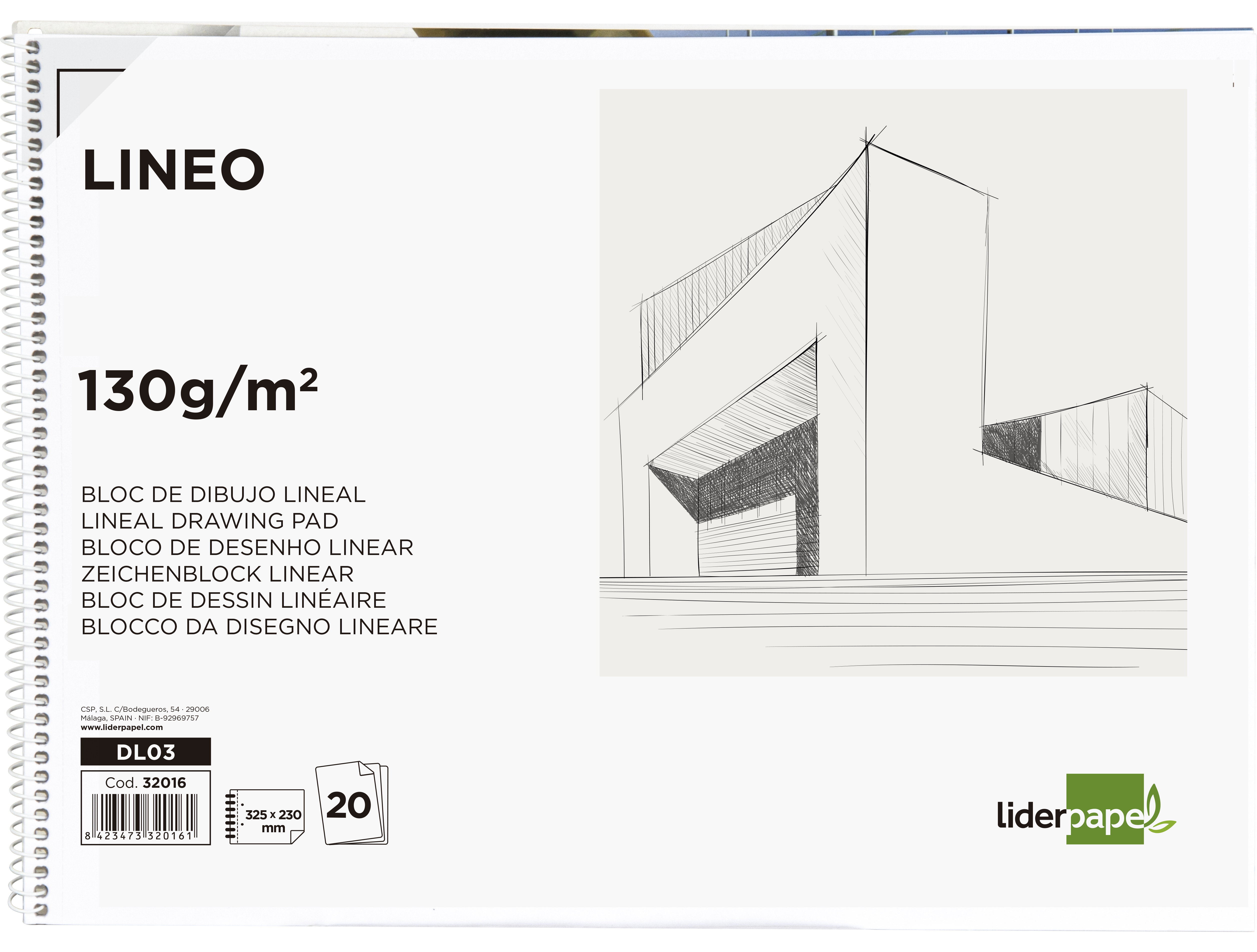 BLOC DIBUJO LIDERPAPEL LINEAL ESPIRAL 230X325MM 20 HOJAS 130GR/M2 CON RECUADRO 2 TALADROS PERFORADO