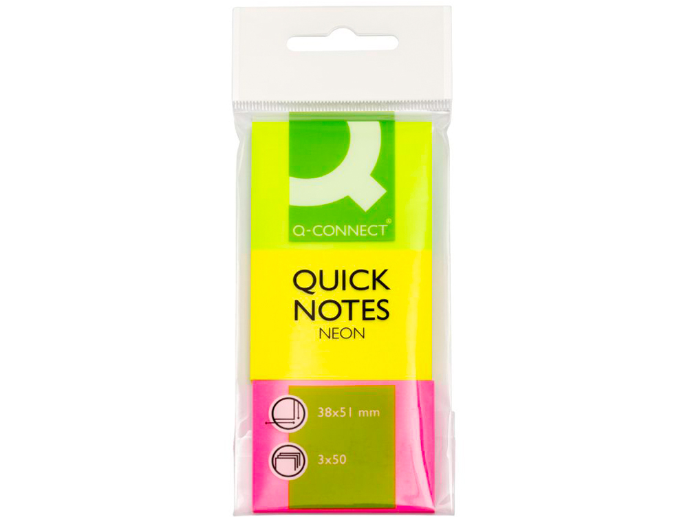 BLOC DE NOTAS ADHESIVAS QUITA Y PON Q-CONNECT 38X51 MM NEON PACK DE 3 UNIDADES CON 50 HOJAS POR COLOR