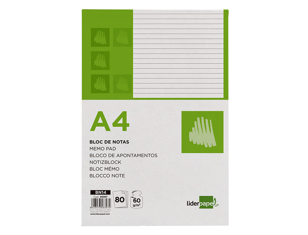 BLOC NOTAS LIDERPAPEL HORIZONTAL A4 80 HOJAS 60G/M2