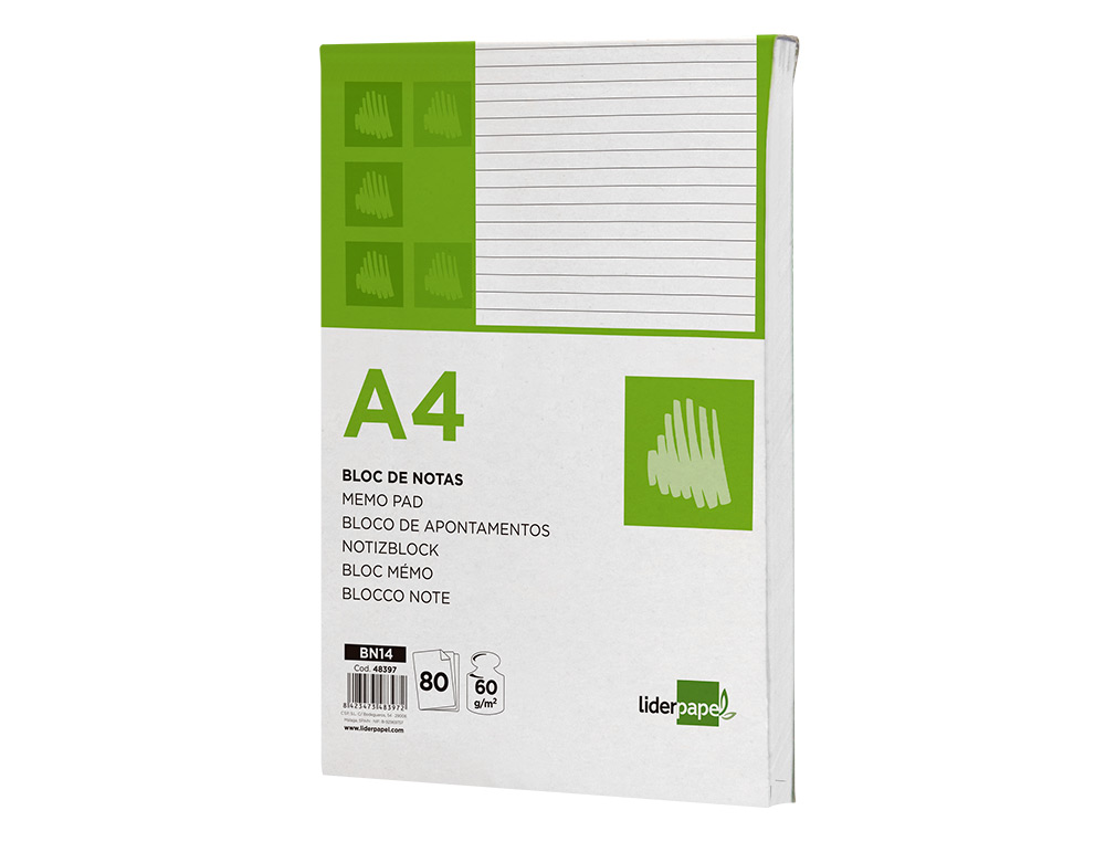 BLOC NOTAS LIDERPAPEL HORIZONTAL A4 80 HOJAS 60G/M2