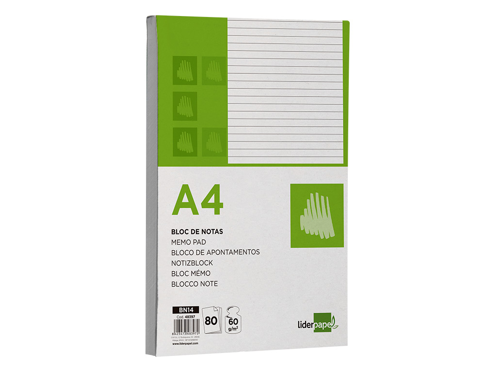 BLOC NOTAS LIDERPAPEL HORIZONTAL A4 80 HOJAS 60G/M2