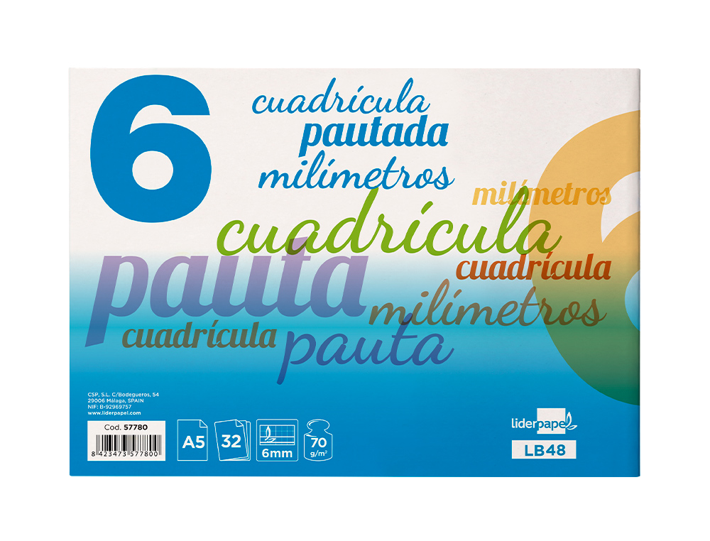 LIBRETA LIDERPAPEL PAUTAGUIA TAPA CARTONCILLO 32 HOJAS DIN A5 70 G CUADRICULADO PAUTADO 6 MM APAISADO