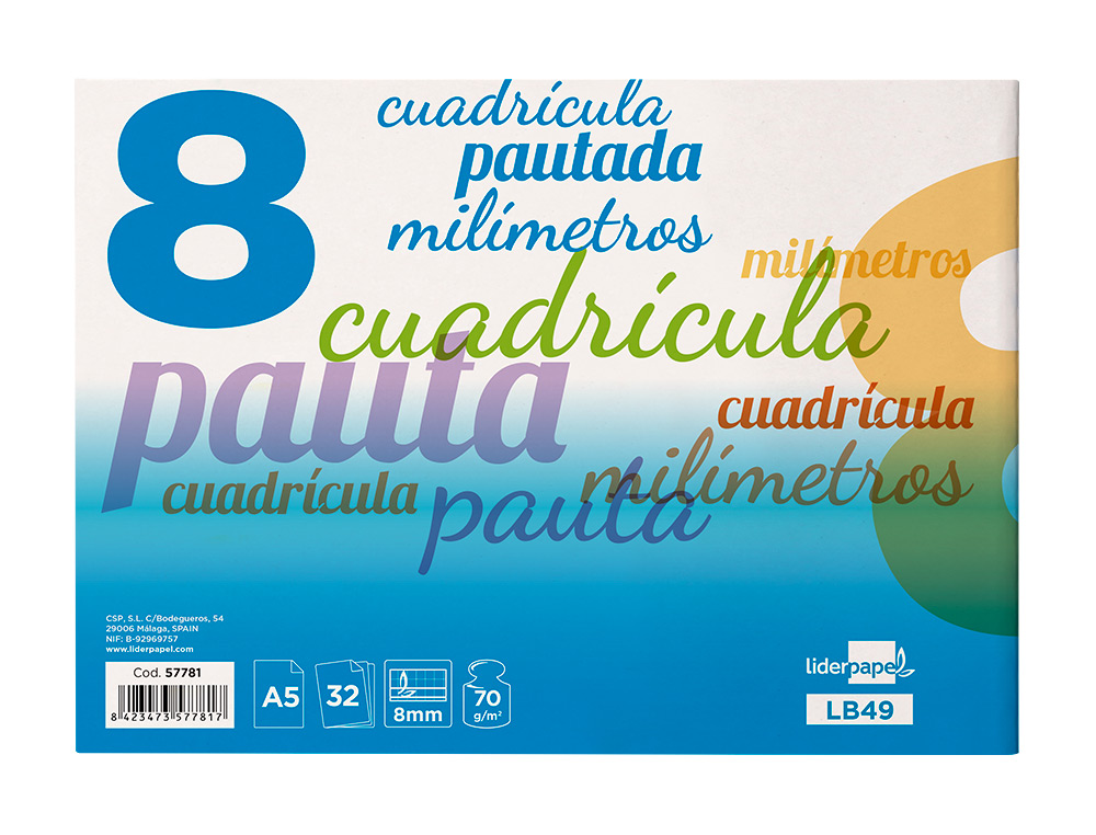 LIBRETA LIDERPAPEL PAUTAGUIA TAPA CARTONCILLO 32 HOJAS DIN A5 CUADRICULADO PAUTADO 8MM APAISADA 70 GR