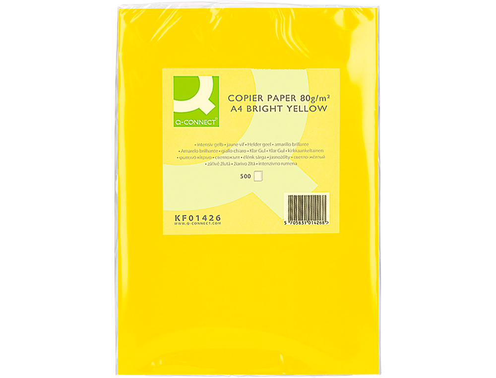 PAPEL COLOR Q-CONNECT DIN A4 80GR AMARILLO INTENSO PAQUETE DE 500 HOJAS