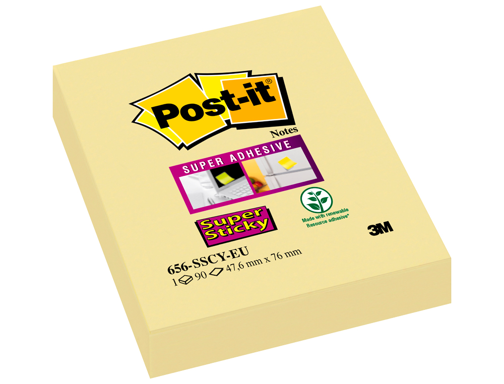 BLOC DE NOTAS ADHESIVAS QUITA Y PON POST-IT SUPER STICKY 51X78 MM CON 90 HOJAS AMARILLO CANARIO