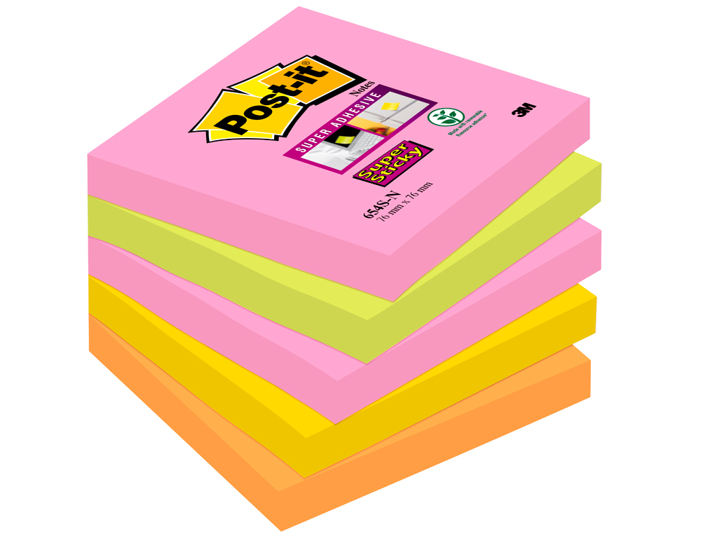 BLOC DE NOTAS ADHESIVAS QUITA Y PON POST-IT SUPER STICKY 76X76 MM CON 90 HOJAS PACK DE 5 BLOC COLORES SURTIDOS