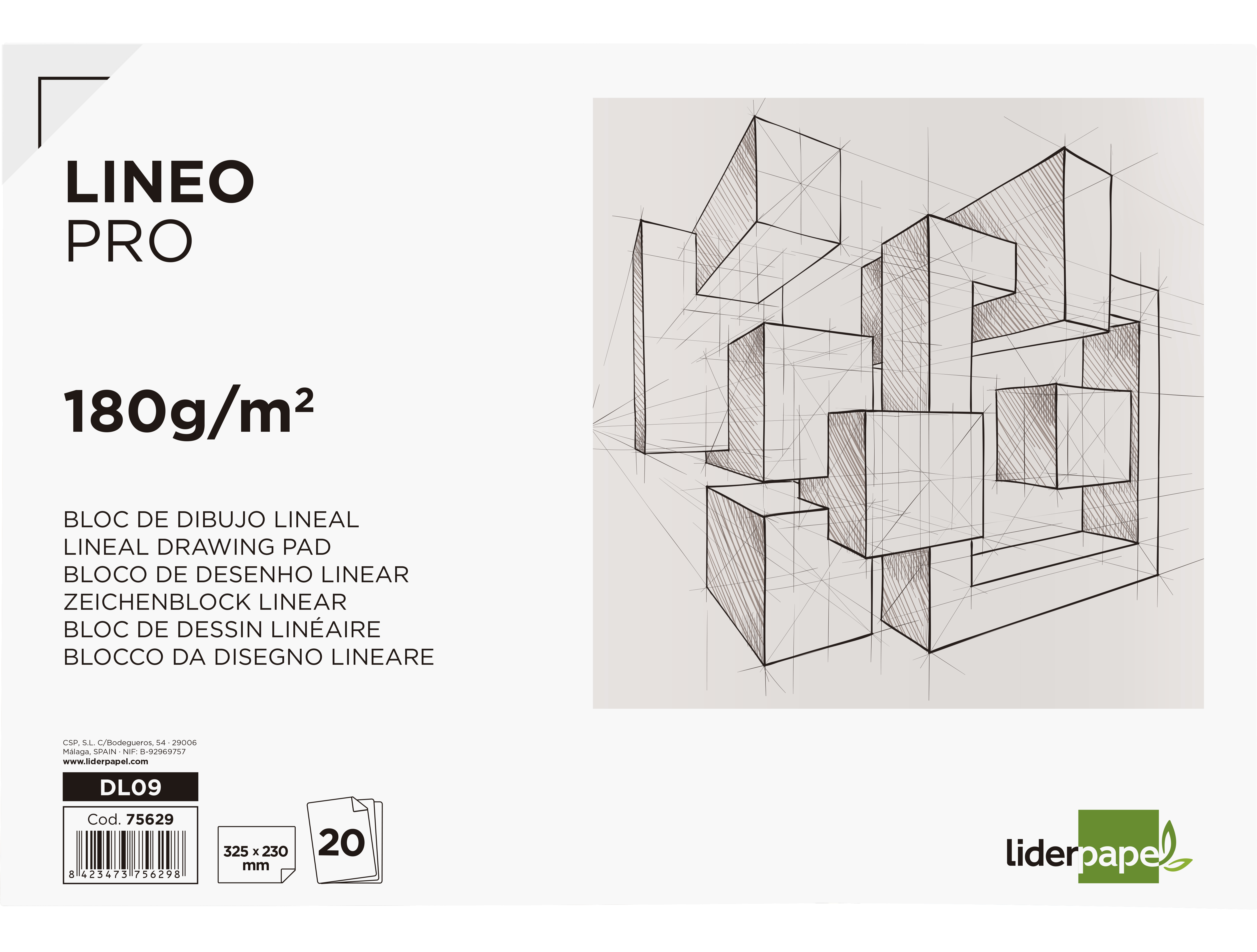 BLOC DIBUJO LIDERPAPEL LINEAL ENCOLADO 230X325MM 20 HOJAS 180 GR/M2 CON RECUADRO