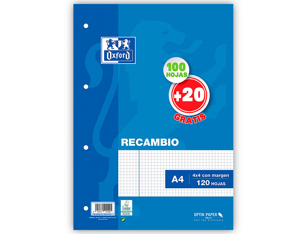 RECAMBIO OXFORD A4 100 + 20 HOJAS GRATIS 90 GR CUADRO 4MM 4 TALADROS